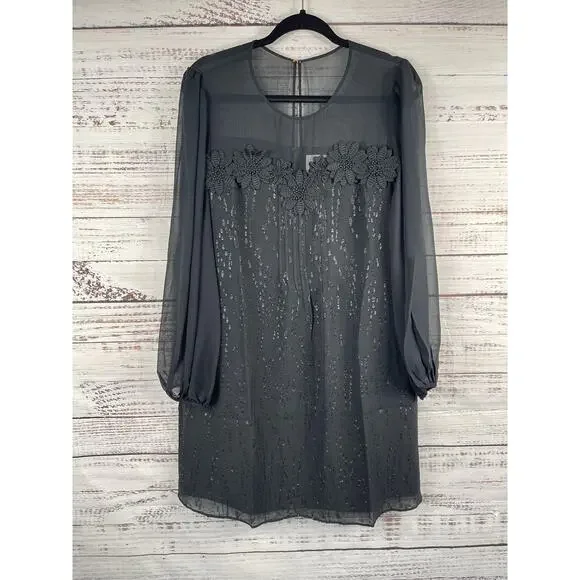 Lilly Pulitzer Dress Women's 12 Black Silk Sheer Sleeve Metallic Beaded Shift - Picture 2 of 8